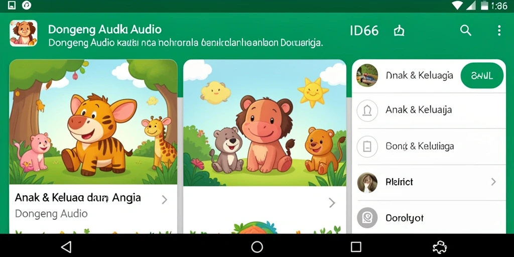 Tampilan antarmuka aplikasi ID66 yang ramah anak untuk Dongeng Audio.
