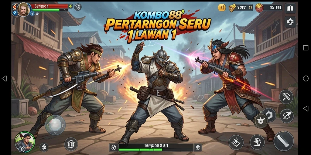 Antarmuka pertarungan dinamis dalam game Tempur 1 Lawan 1.