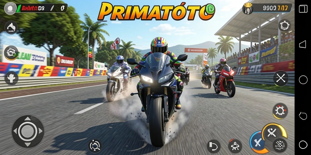 Tampilan antarmuka balapan motor yang menarik dan dinamis.