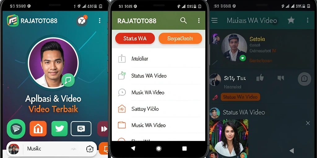 Tampilan antarmuka aplikasi RAJATOTO88 dengan pilihan video Status WA.
